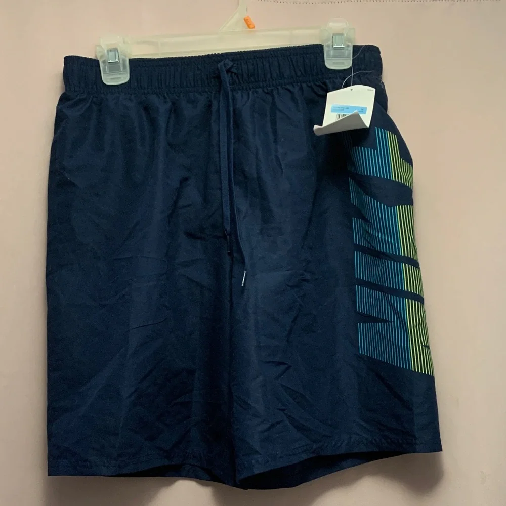 Nike Navy Athletic Swim Shorts with Blue & Lime Side Accent